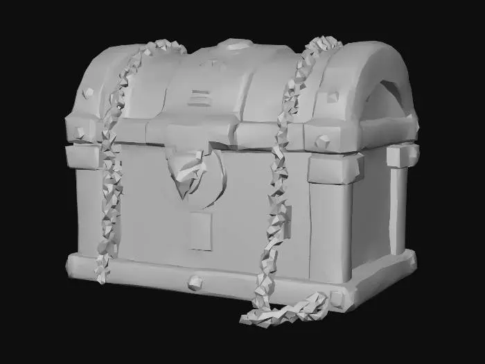 3D model for Stylized High Fantasy World Aesthetic, vibrant curated color palette (Helsingborg colors), clean low poly topology, soft gradients, bioluminescent elements, magical atmosphere, high-end mobile game look, consistent art style, no noise, smooth surfaces
A dark fantasy treasure chest made of obsidian and volcanic rock, glowing with molten lava cracks. The chest has ornate golden dragon-head clasps, ancient runes carved into the sides emitting orange-red fire glow. Chains of dark metal wrap around it. Fire particles and embers float from the top. Dark moody background with volcanic atmosphere. Highly detailed, top-down 3/4 view, game asset style, no background, transparent PNG style