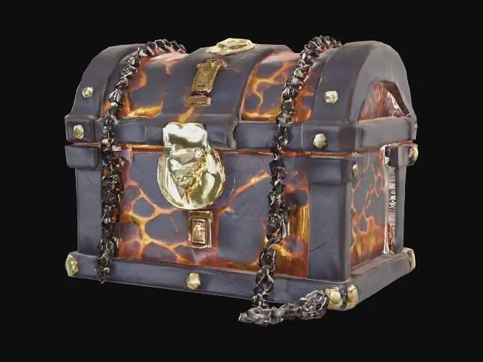 3D model for Stylized High Fantasy World Aesthetic, vibrant curated color palette (Helsingborg colors), clean low poly topology, soft gradients, bioluminescent elements, magical atmosphere, high-end mobile game look, consistent art style, no noise, smooth surfaces
A dark fantasy treasure chest made of obsidian and volcanic rock, glowing with molten lava cracks. The chest has ornate golden dragon-head clasps, ancient runes carved into the sides emitting orange-red fire glow. Chains of dark metal wrap around it. Fire particles and embers float from the top. Dark moody background with volcanic atmosphere. Highly detailed, top-down 3/4 view, game asset style, no background, transparent PNG style
