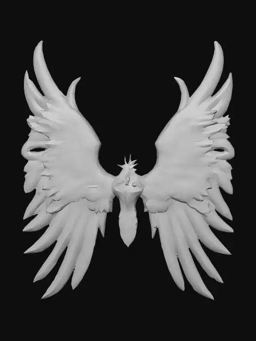 3D model for Holy 6-winged seraphim style, pristine white feathers with golden metallic tips, ancient glowing glyphs inscribed on each feather, radiant light emission from the center, heavy golden embroidery