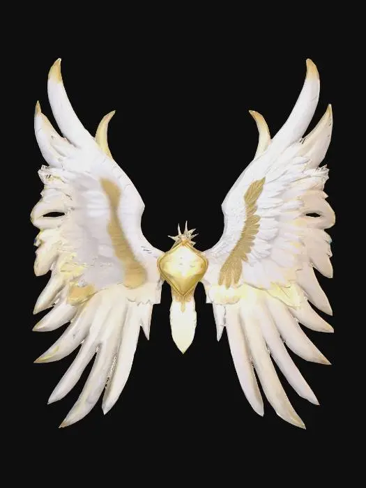 3D model for Holy 6-winged seraphim style, pristine white feathers with golden metallic tips, ancient glowing glyphs inscribed on each feather, radiant light emission from the center, heavy golden embroidery