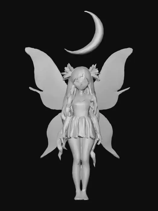 3D model for Stylized High Fantasy World Aesthetic, vibrant curated color palette (Helsingborg colors), clean low poly topology, soft gradients, bioluminescent elements, magical atmosphere, high-end mobile game look, consistent art style, no noise, smooth surfaces
 A stylized, low-poly 3D lunar fairy companion for a Roblox game. The fairy features floating, elegant, silver crescent-moon shaped elements with a starry dark-blue glowing core. Ethereal, ancient cosmic fantasy aesthetic, soft mist aura, white background, 3d game asset.