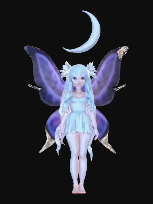 3D model for Stylized High Fantasy World Aesthetic, vibrant curated color palette (Helsingborg colors), clean low poly topology, soft gradients, bioluminescent elements, magical atmosphere, high-end mobile game look, consistent art style, no noise, smooth surfaces
 A stylized, low-poly 3D lunar fairy companion for a Roblox game. The fairy features floating, elegant, silver crescent-moon shaped elements with a starry dark-blue glowing core. Ethereal, ancient cosmic fantasy aesthetic, soft mist aura, white background, 3d game asset.