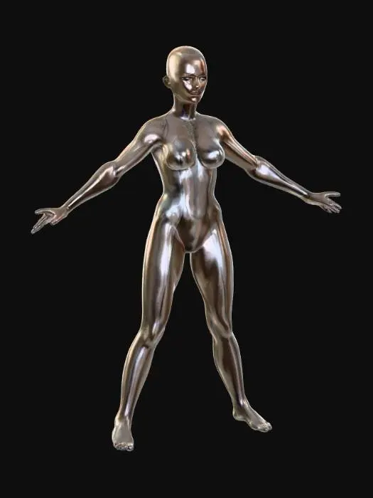 3D model for A female character with an accentuated hourglass figure stands in a commanding, powerful pose. She wears a high-cut bodysuit crafted from metallic elements and segments of translucent, sheer fabric that hint at textures beneath. Her long, flowing hair cascades down, complementing eyes that emit a soft, ethereal luminescence. The ensemble is adorned with intricate metallic accents, emphasizing a blend of durable armor and delicate draping.