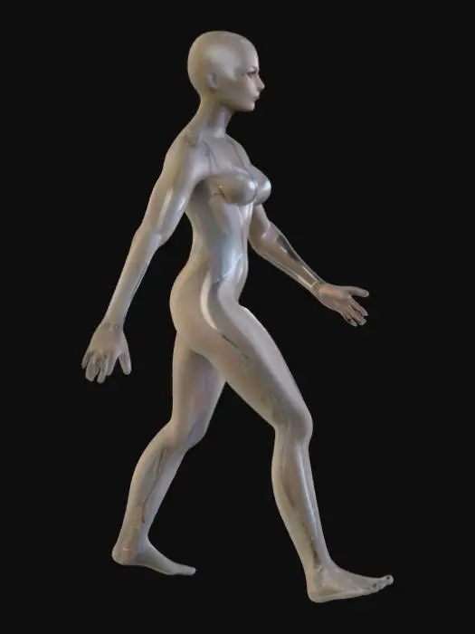 3D model for A female character with an accentuated hourglass figure stands in a commanding, powerful pose. She wears a high-cut bodysuit crafted from metallic elements and segments of translucent, sheer fabric that hint at textures beneath. Her long, flowing hair cascades down, complementing eyes that emit a soft, ethereal luminescence. The ensemble is adorned with intricate metallic accents, emphasizing a blend of durable armor and delicate draping.