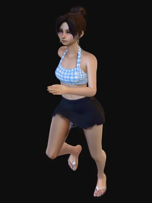 3D model for Create a 1/7 scale commercialized figure of a young woman in a realistic style. The figure is wearing a light blue and white checkered halter top, a black miniskirt, and white flip-flops. The figure is standing on a circular transparent acrylic base. 