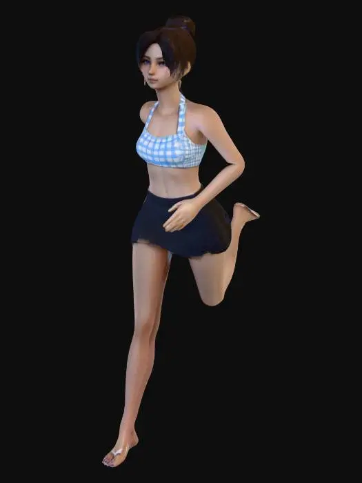 3D model for Create a 1/7 scale commercialized figure of a young woman in a realistic style. The figure is wearing a light blue and white checkered halter top, a black miniskirt, and white flip-flops. The figure is standing on a circular transparent acrylic base. 
