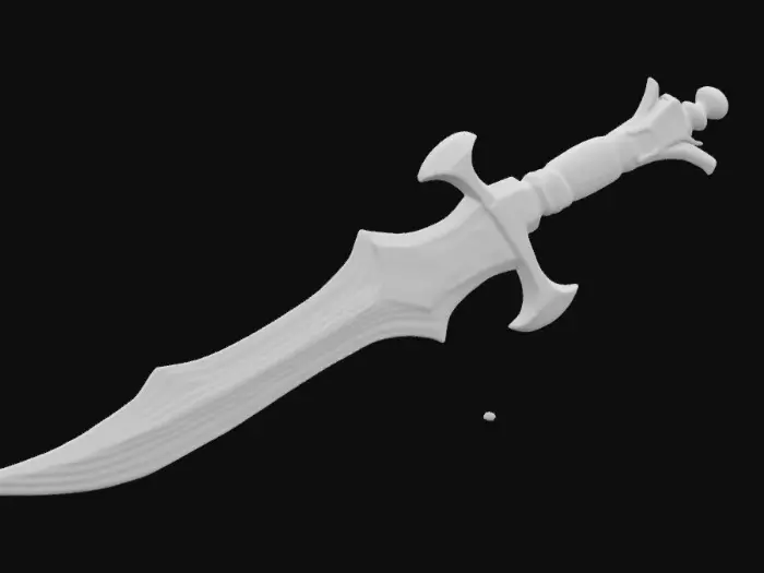 3D model for The object is a metallic, asymmetrical dagger with a curving blade, jagged edges, and a textured, ornate hilt. The handle and guard is black meteor metal texture 