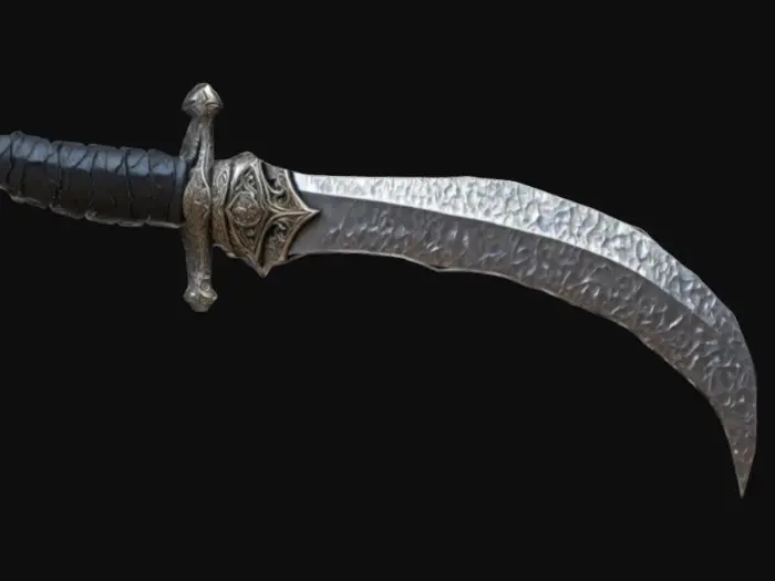 3D model for The object is a metallic, asymmetrical dagger with a curving blade, jagged edges, and a textured, ornate hilt. The handle and guard is black dark leather texture, the blade is meteorite metal texture, smooth design, simple texture, in style of dark fantasy and little amount of brutalism. Highly Detailed, 