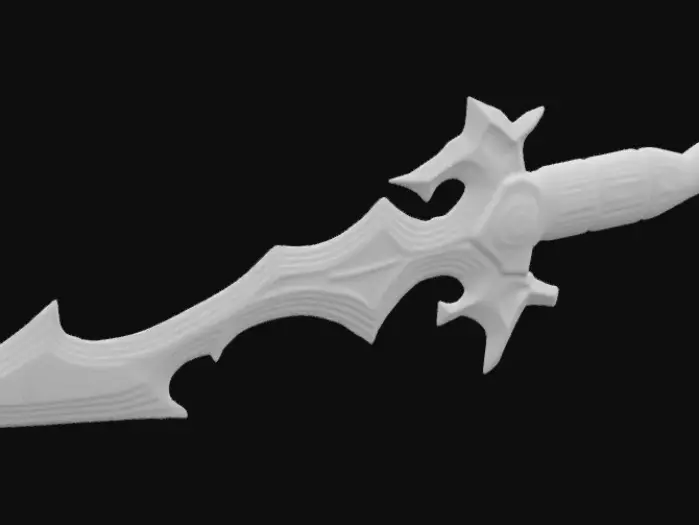 3D model for The object is a metallic, asymmetrical dagger with a curving blade, jagged edges, and a textured, ornate hilt. The handle and guard is black meteor metal texture 