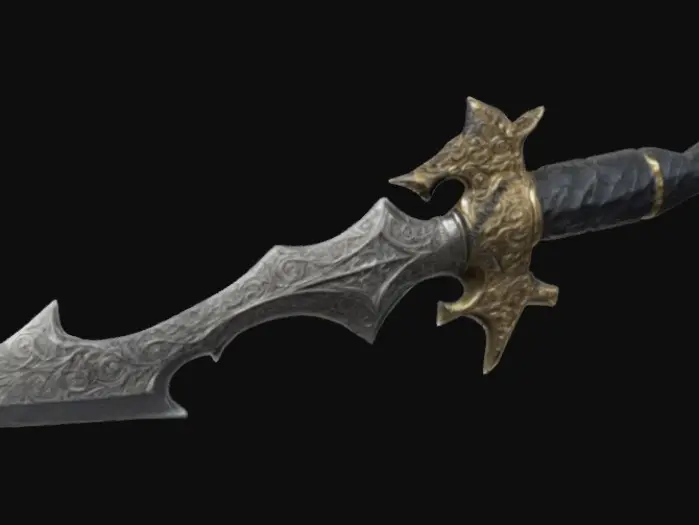 3D model for The object is a metallic, asymmetrical dagger with a curving blade, jagged edges, and a textured, ornate hilt. The handle and guard is black meteor metal texture 
