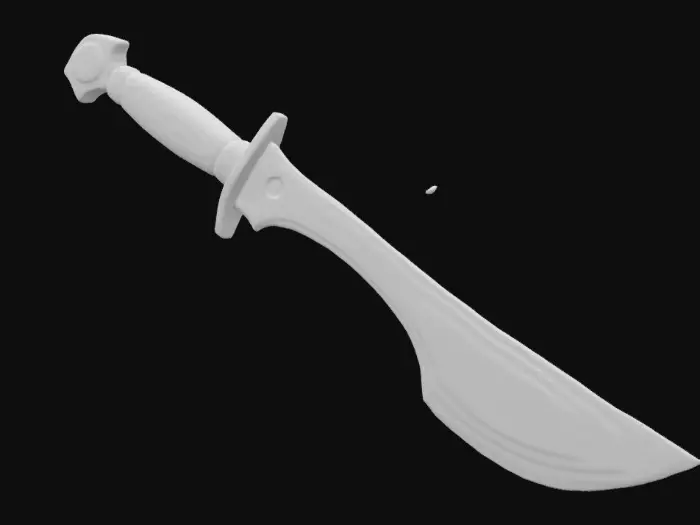3D model for The object is a metallic, asymmetrical dagger with a curving blade, jagged edges, and a textured, ornate hilt. The handle and guard is black meteor metal texture 