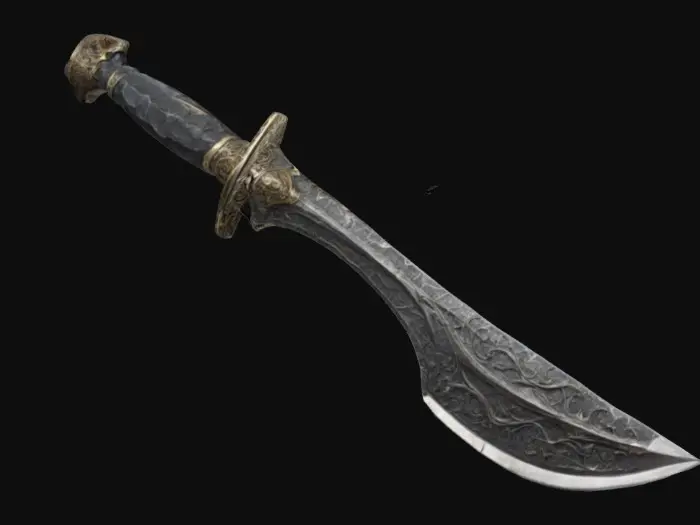 3D model for The object is a metallic, asymmetrical dagger with a curving blade, jagged edges, and a textured, ornate hilt. The handle and guard is black meteor metal texture 