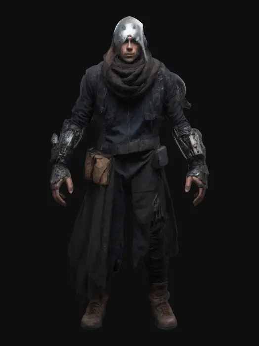 3D model for Slim half man half cybernetic, wanderer looking post apocalyptic look with dark colors of rugged clothes