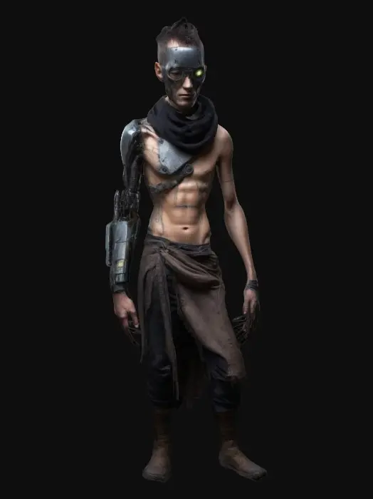 3D model for Slim half man half cybernetic, wanderer looking post apocalyptic look with dark colors of rugged clothes