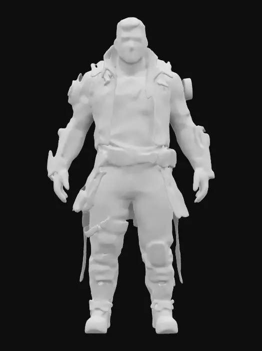 3D model for Slim half man half cybernetic, wanderer looking post apocalyptic look with dark colors of rugged clothes