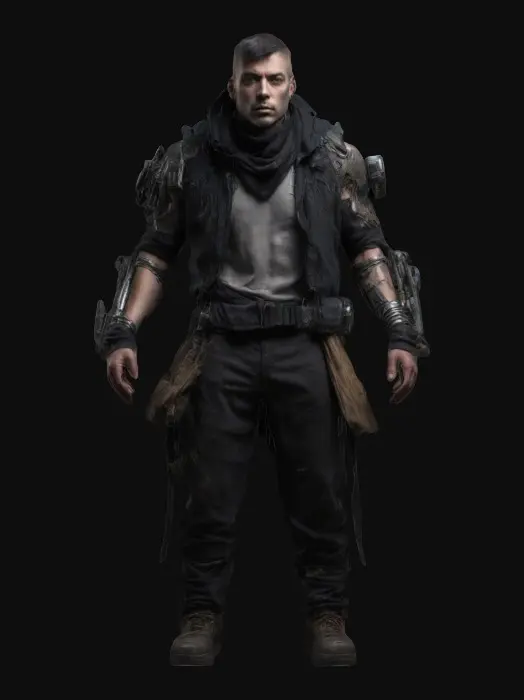 3D model for Slim half man half cybernetic, wanderer looking post apocalyptic look with dark colors of rugged clothes