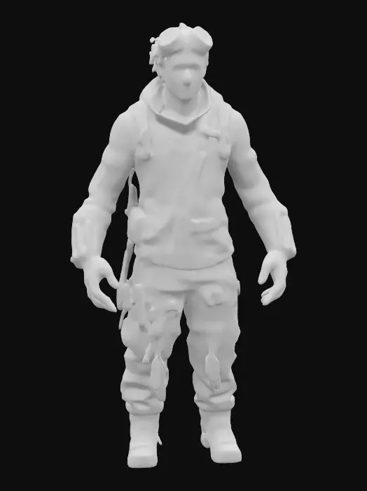 3D model for Slim half man half cybernetic, wanderer looking post apocalyptic look with dark colors of rugged clothes