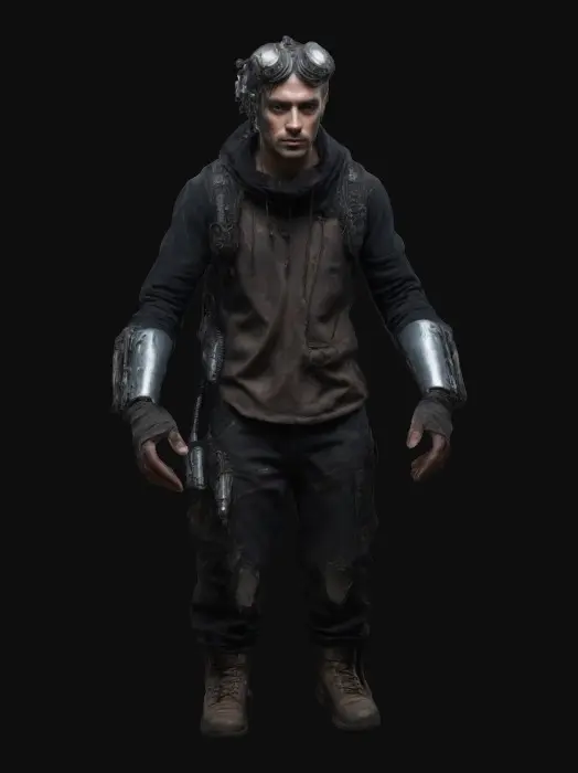 3D model for Slim half man half cybernetic, wanderer looking post apocalyptic look with dark colors of rugged clothes
