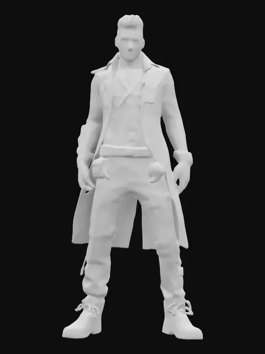 3D model for Slim half man half cybernetic, wanderer looking post apocalyptic look with dark colors of rugged clothes