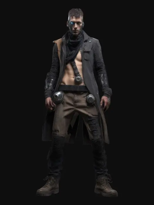 3D model for Slim half man half cybernetic, wanderer looking post apocalyptic look with dark colors of rugged clothes