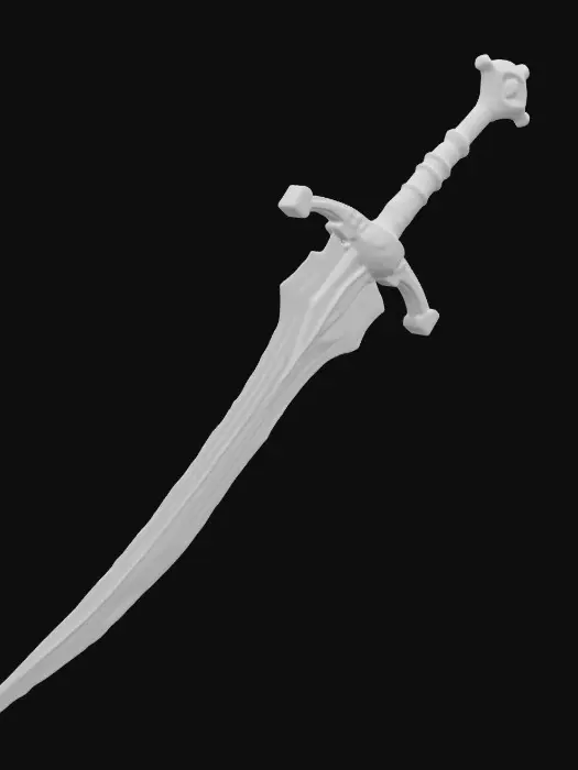 3D model for The object is a metallic, asymmetrical dagger with a curving blade, jagged edges, and a textured, ornate hilt.