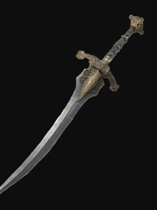 3D model for The object is a metallic, asymmetrical dagger with a curving blade, jagged edges, and a textured, ornate hilt.