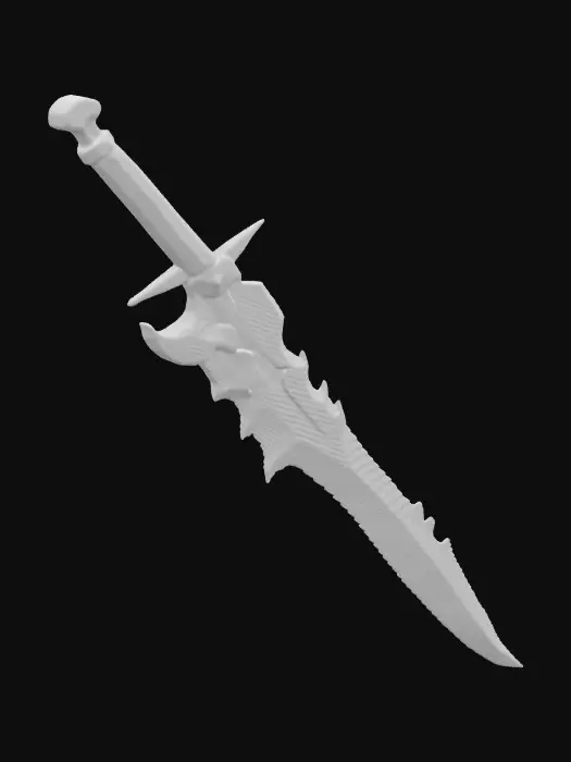 3D model for The object is a metallic, asymmetrical dagger with a curving blade, jagged edges, and a textured, ornate hilt. The handle and guard is black dark leather texture, the blade is meteorite metal texture, smooth design, simple texture, in style of dark fantasy and little amount of brutalism. Highly Detailed, 