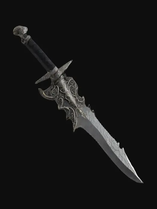 3D model for The object is a metallic, asymmetrical dagger with a curving blade, jagged edges, and a textured, ornate hilt. The handle and guard is black dark leather texture, the blade is meteorite metal texture, smooth design, simple texture, in style of dark fantasy and little amount of brutalism. Highly Detailed, 