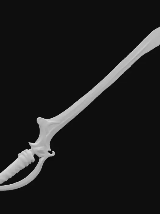 3D model for The object is a metallic, asymmetrical dagger with a curving blade, jagged edges, and a textured, ornate hilt.
