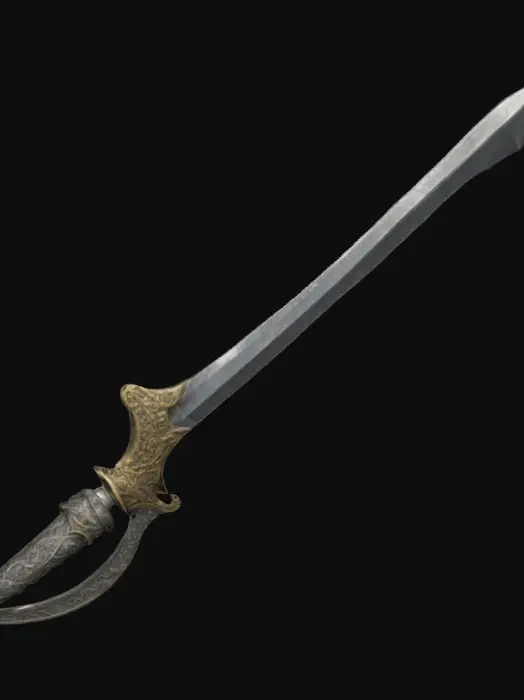 3D model for The object is a metallic, asymmetrical dagger with a curving blade, jagged edges, and a textured, ornate hilt.