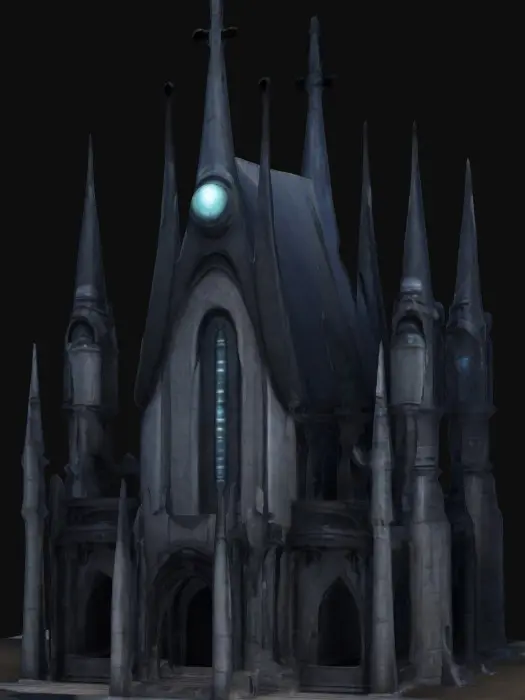 3D model for Sci-fi and dark fanatsy style monastery architect with curved eyes 