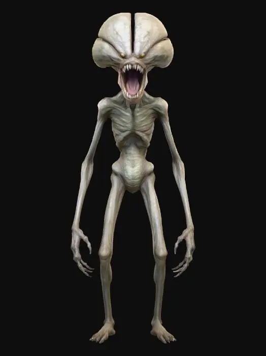 3D model for tarnished gray slender and skinny ghoul looking like demogorgon, long extremities, wide open jaw with sharp needle teeth, no eyes only eye socket holes.
