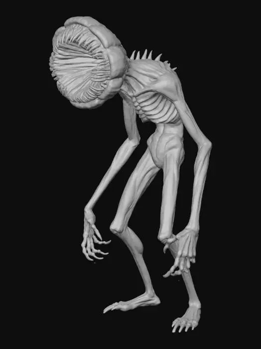 3D model for tarnished gray slender and skinny ghoul looking like demogorgon, long extremities, wide open jaw with sharp needle teeth, no eyes only eye socket holes.