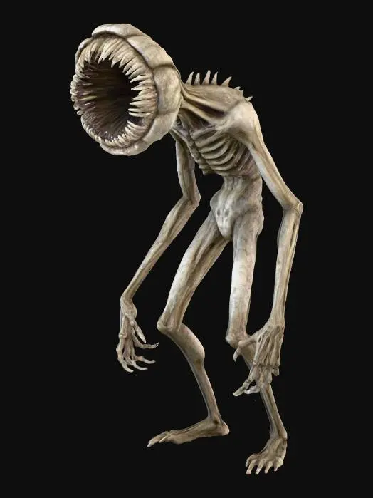 3D model for tarnished gray slender and skinny ghoul looking like demogorgon, long extremities, wide open jaw with sharp needle teeth, no eyes only eye socket holes.