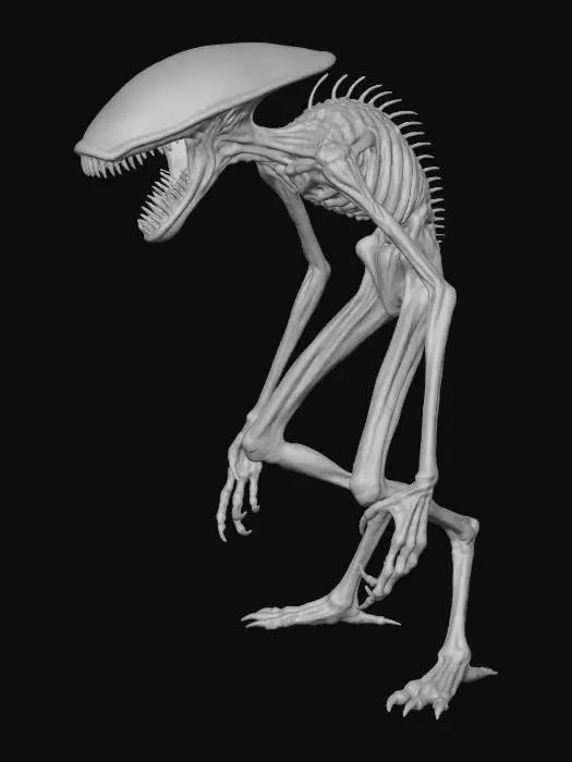 3D model for slender and skinny humanoid monster, long extremities, wide open jaw with sharp needle teeth, no eyes, wide horrific head.