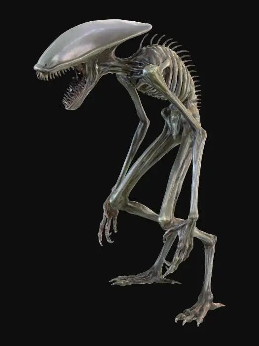 3D model for slender and skinny humanoid monster, long extremities, wide open jaw with sharp needle teeth, no eyes, wide horrific head.