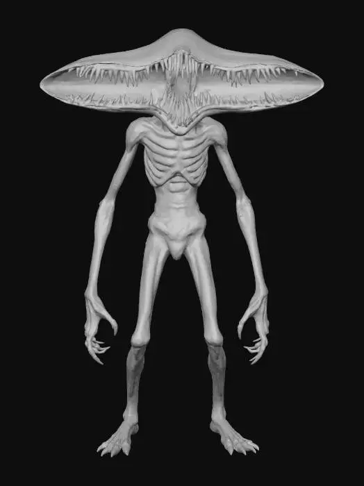 3D model for tarnished gray slender and skinny ghoul looking like demogorgon, long extremities, wide open jaw with sharp needle teeth, no eyes only eye socket holes, wide horrific head.