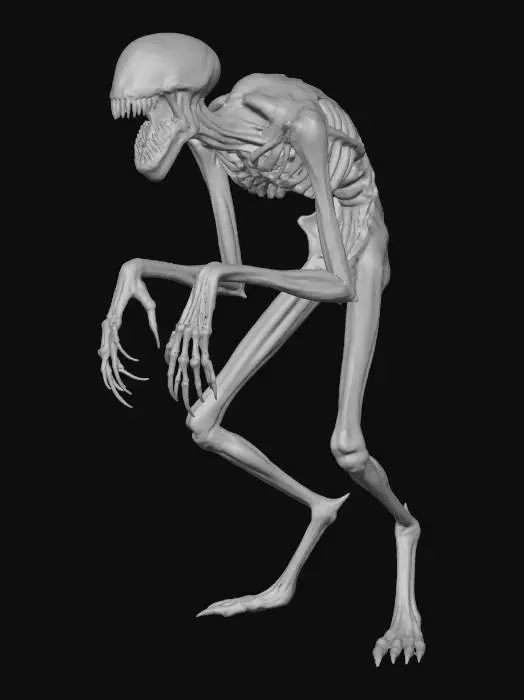 3D model for slender and skinny humanoid monster, long extremities, wide open jaw with sharp needle teeth, no eyes, horrific head.