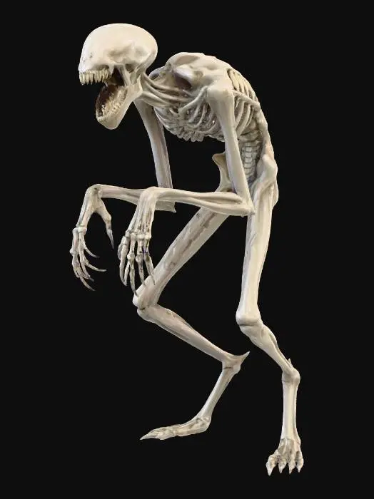 3D model for slender and skinny humanoid monster, long extremities, wide open jaw with sharp needle teeth, no eyes, horrific head.