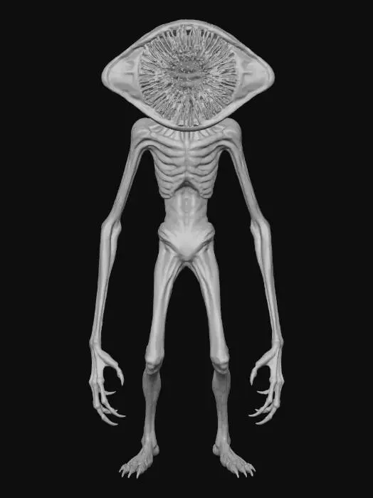 3D model for tarnished gray slender and skinny ghoul looking like demogorgon, long extremities, wide open jaw with sharp needle teeth, no eyes only eye socket holes, wide horrific head.