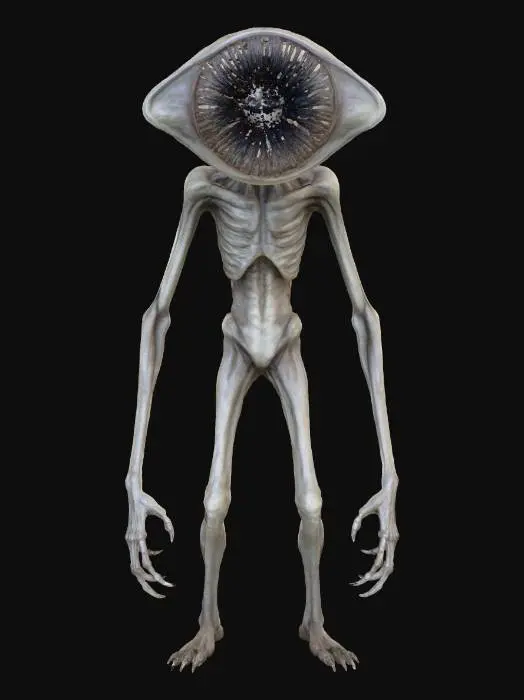 3D model for tarnished gray slender and skinny ghoul looking like demogorgon, long extremities, wide open jaw with sharp needle teeth, no eyes only eye socket holes, wide horrific head.