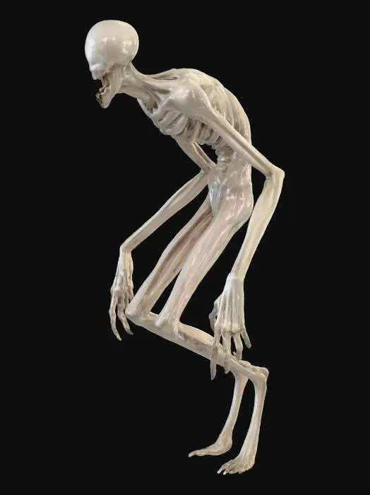 3D model for slender and skinny humanoid monster, long extremities, wide open jaw with sharp needle teeth, no eyes, horrific head.