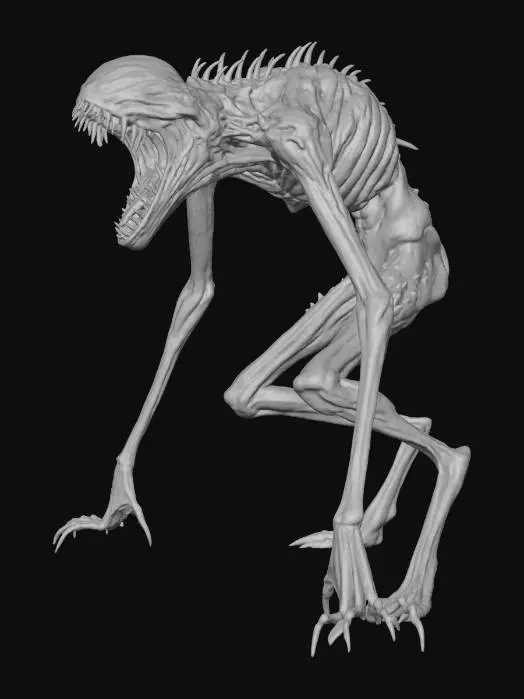 3D model for humanoid mutated monster, long slender extremities, wide open jaw with sharp needle teeth, no eyes, horrific head.