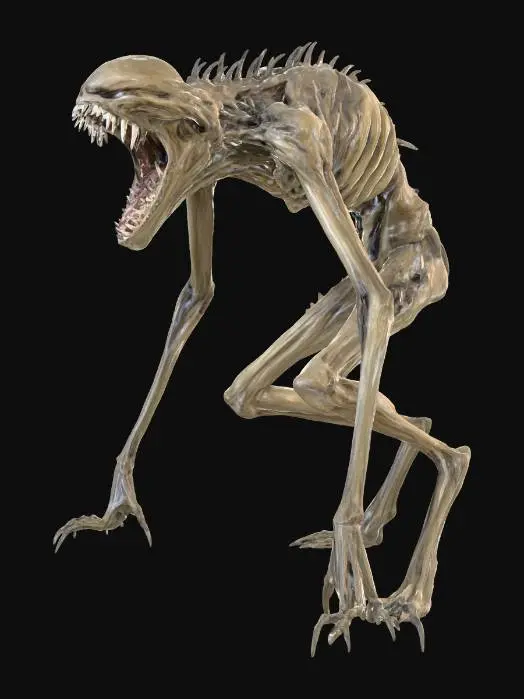 3D model for humanoid mutated monster, long slender extremities, wide open jaw with sharp needle teeth, no eyes, horrific head.