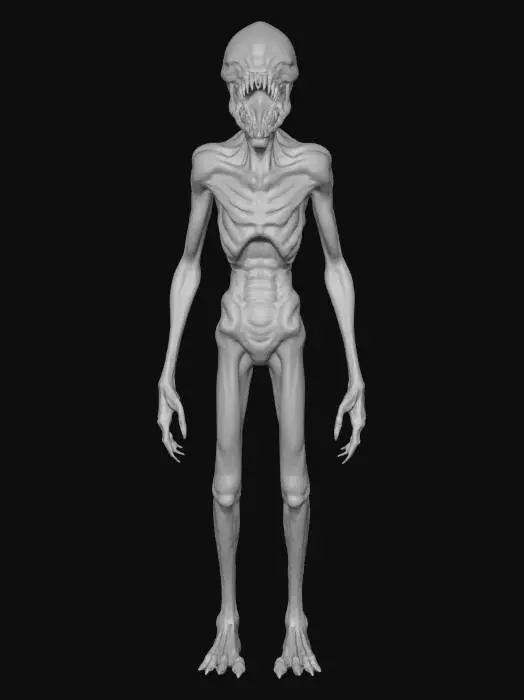 3D model for tarnished gray slender and skinny ghoul looking like demogorgon, long extremities, wide open jaw with sharp needle teeth, no eyes only eye socket holes.
