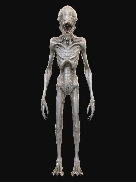 3D model for tarnished gray slender and skinny ghoul looking like demogorgon, long extremities, wide open jaw with sharp needle teeth, no eyes only eye socket holes.