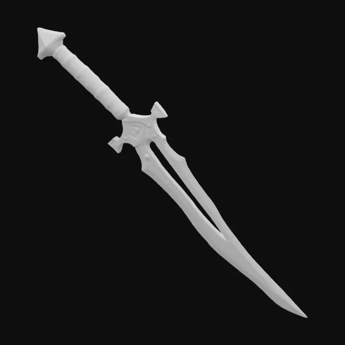 3D model for The object is a metallic, asymmetrical dagger with a curving blade, jagged edges, and a textured, ornate hilt. The handle and guard is black dark leather texture, the blade is meteorite metal texture, smooth design, simple texture, in style of dark fantasy and little amount of brutalism. Highly Detailed, 