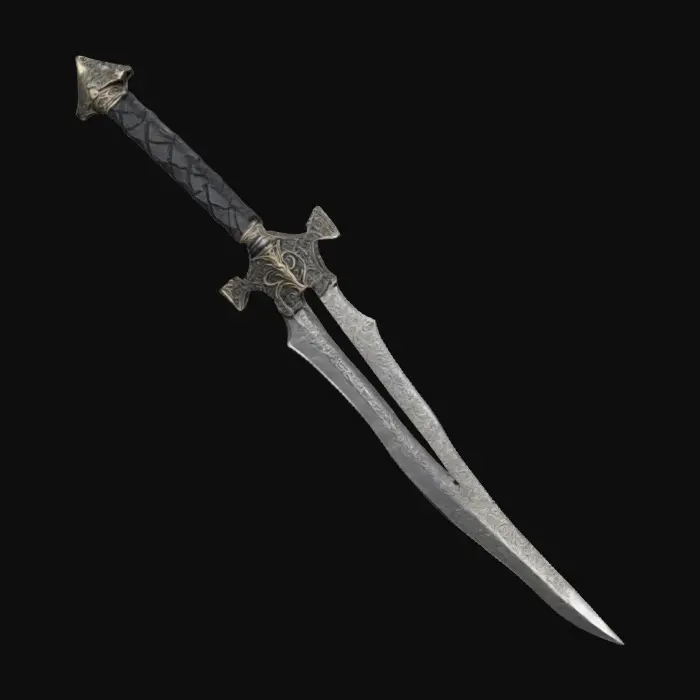3D model for The object is a metallic, asymmetrical dagger with a curving blade, jagged edges, and a textured, ornate hilt. The handle and guard is black dark leather texture, the blade is meteorite metal texture, smooth design, simple texture, in style of dark fantasy and little amount of brutalism. Highly Detailed, 