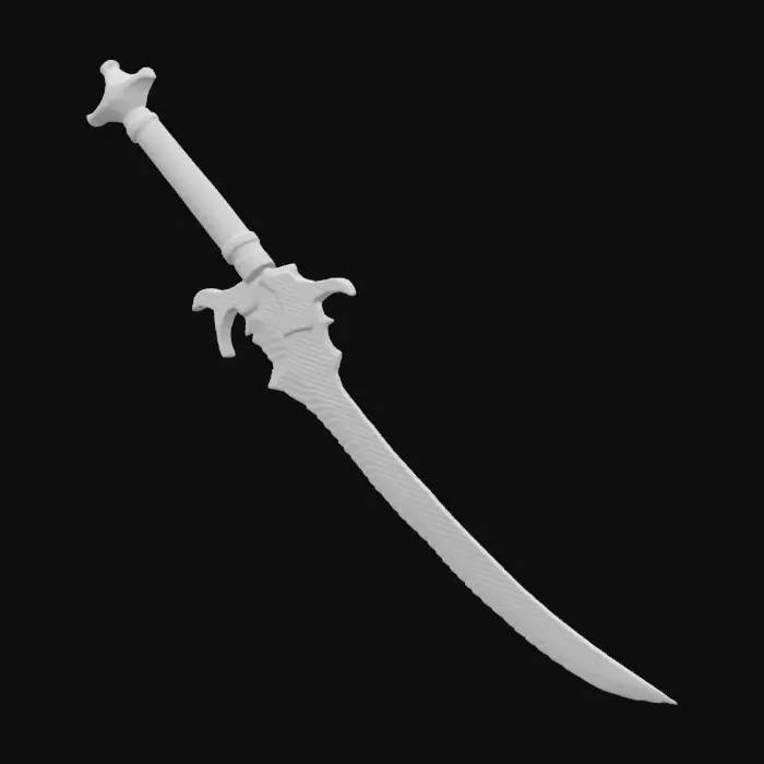 3D model for The object is a metallic, asymmetrical dagger with a curving blade, jagged edges, and a textured, ornate hilt. The handle and guard is shadow dark leather texture, blade is meteorite metal texture , Highly Detailed