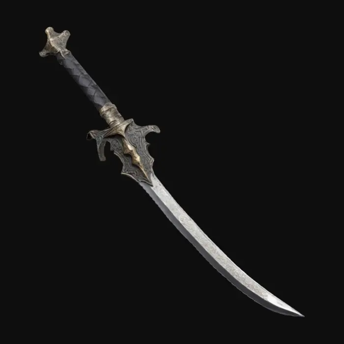 3D model for The object is a metallic, asymmetrical dagger with a curving blade, jagged edges, and a textured, ornate hilt. The handle and guard is shadow dark leather texture, blade is meteorite metal texture , Highly Detailed